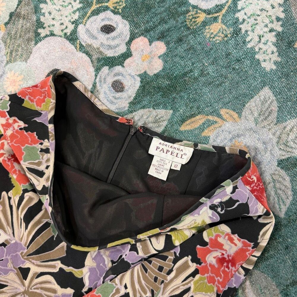 Silk Midi Skirt Vintage Adrianna Papell Size 12 Floral Print High Low Black Red - Picture 4 of 16